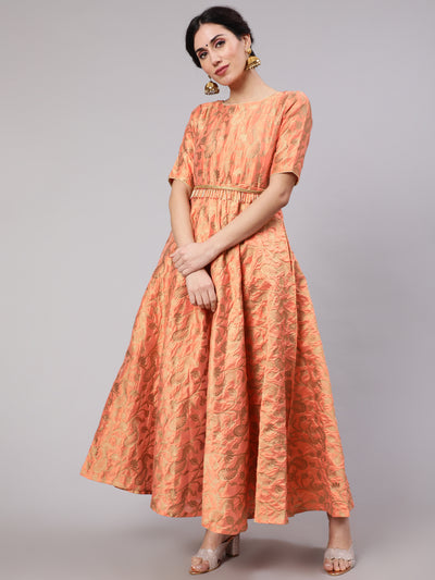 Orange Jacquard Zari Work Flared Maxi Dress