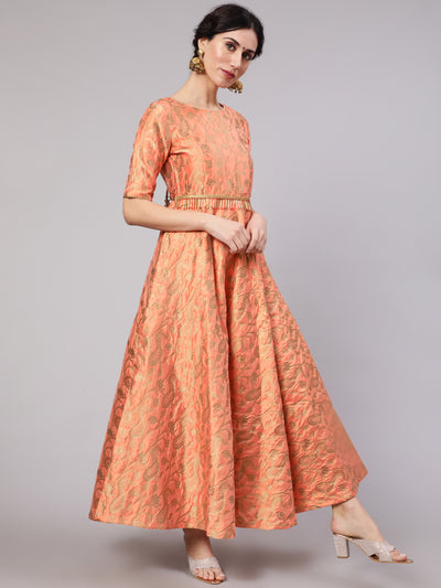 Orange Jacquard Zari Work Flared Maxi Dress