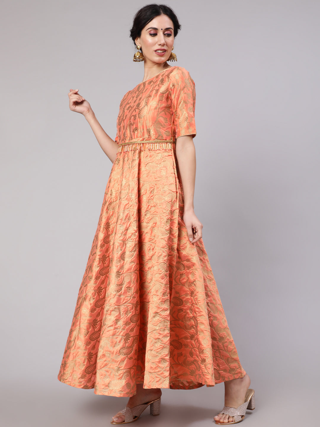 Orange Jacquard Zari Work Flared Maxi Dress