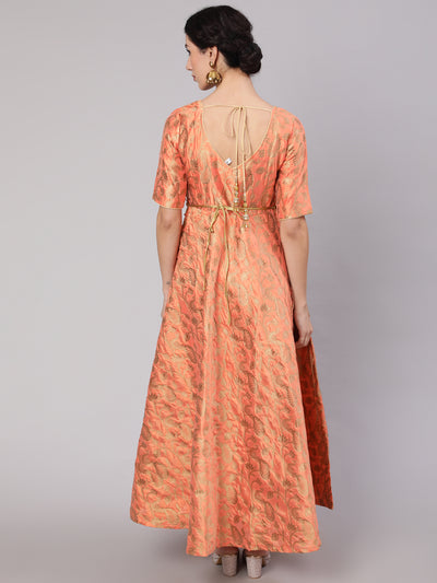 Orange Jacquard Zari Work Flared Maxi Dress