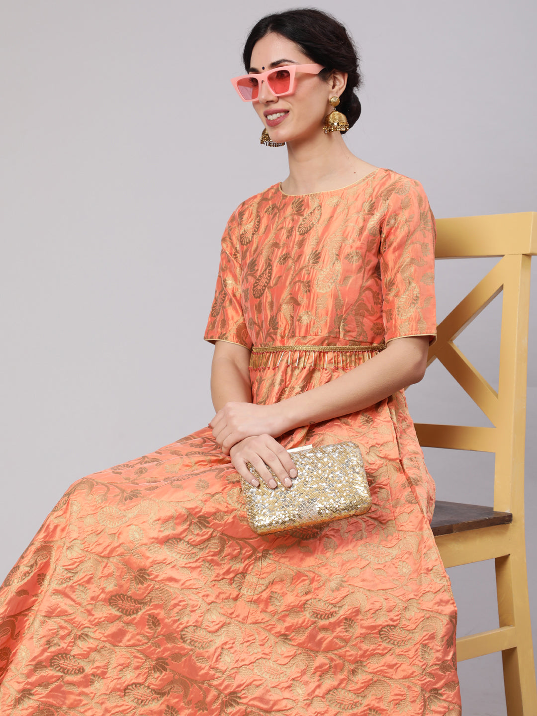 Orange Jacquard Zari Work Flared Maxi Dress