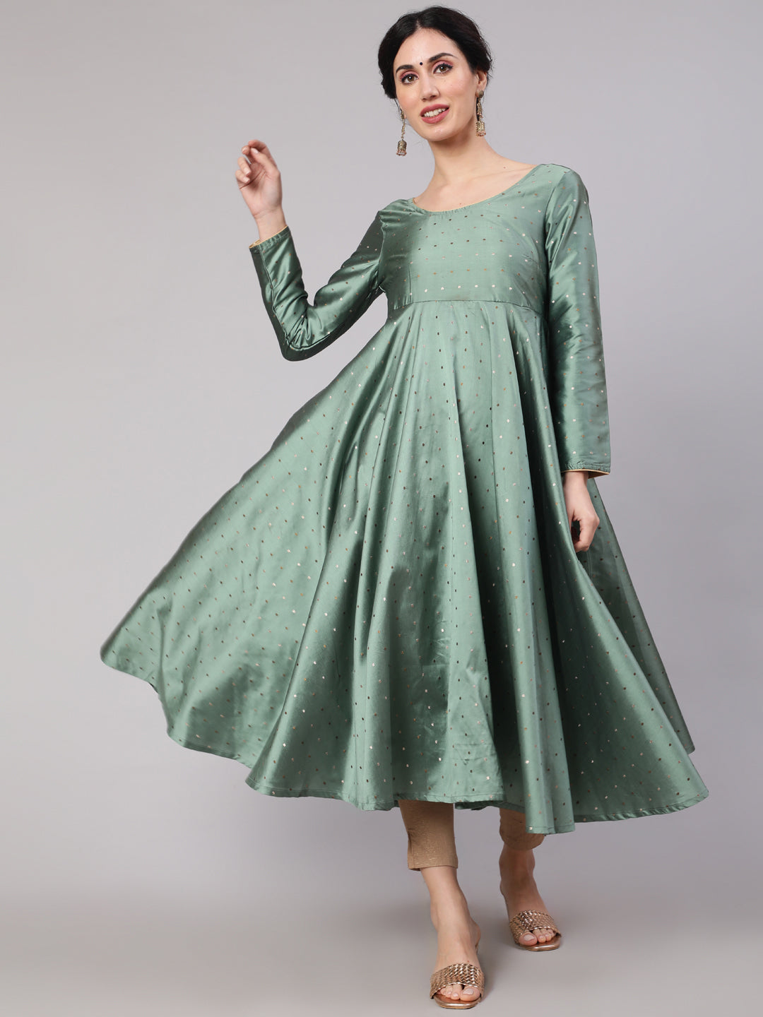 Pastel Green Woven Design Flared Anarkali