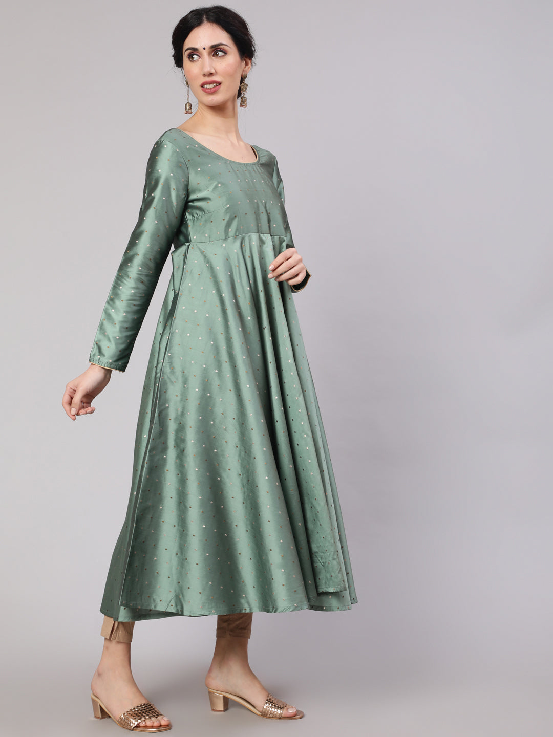 Pastel Green Woven Design Flared Anarkali