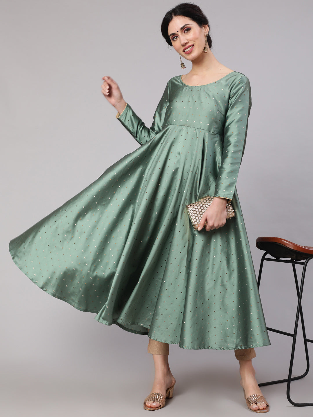 Pastel Green Woven Design Flared Anarkali
