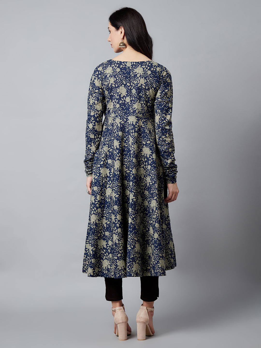 Navy Blue Floral Print Flared Anarkali