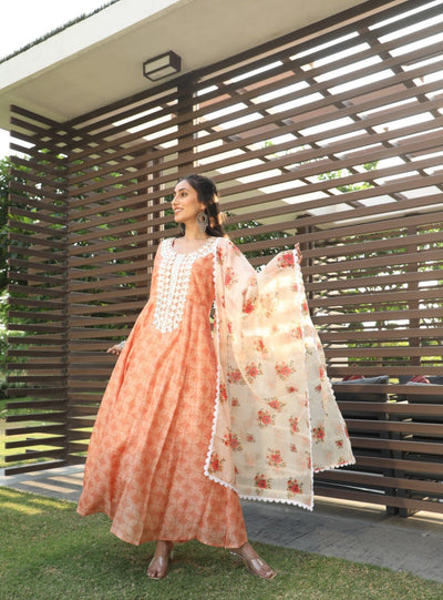 Peach Printed Maxi Dress With Dupatta