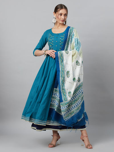 Indigo & Blue Cotton Embroidered Layered Maxi with Dupatta