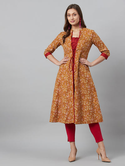 Mustard Floral Print Kantha Work A-Line Jacket