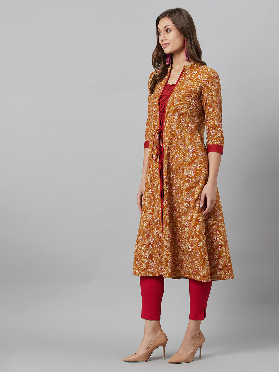 Mustard Floral Print Kantha Work A-Line Jacket