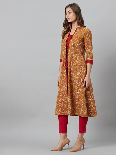 Mustard Floral Print Kantha Work A-Line Jacket