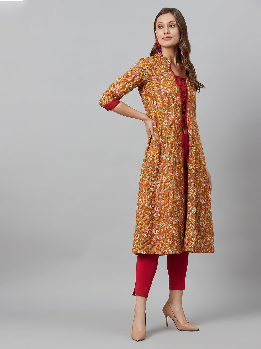 Mustard Floral Print Kantha Work A-Line Jacket