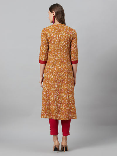 Mustard Floral Print Kantha Work A-Line Jacket