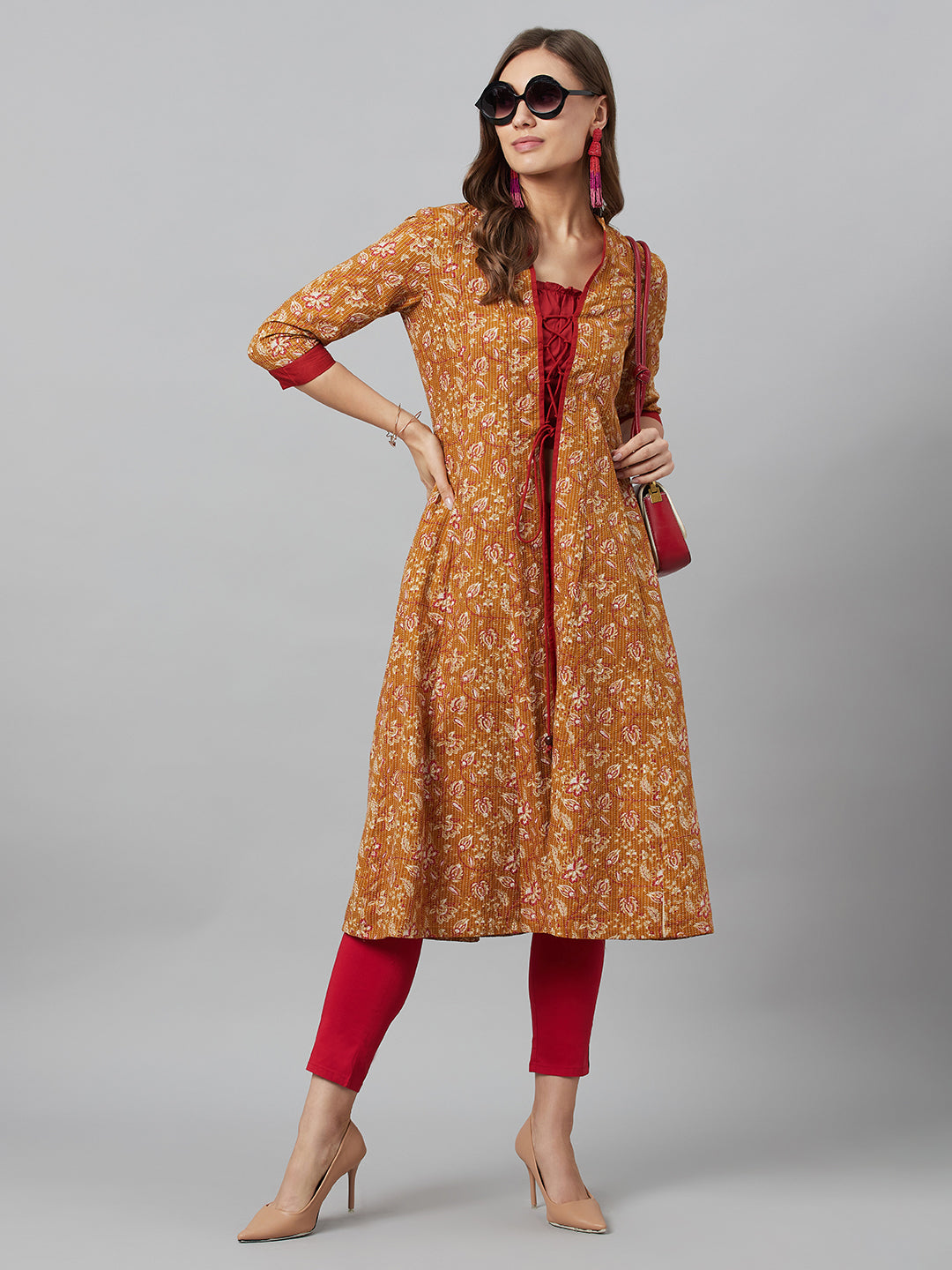 Mustard Floral Print Kantha Work A-Line Jacket