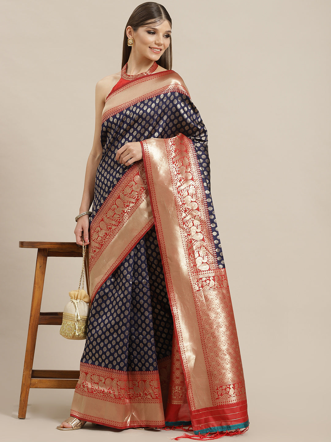 Navy Blue Golden Zari Work Banarsi Saree With Blouse Piece