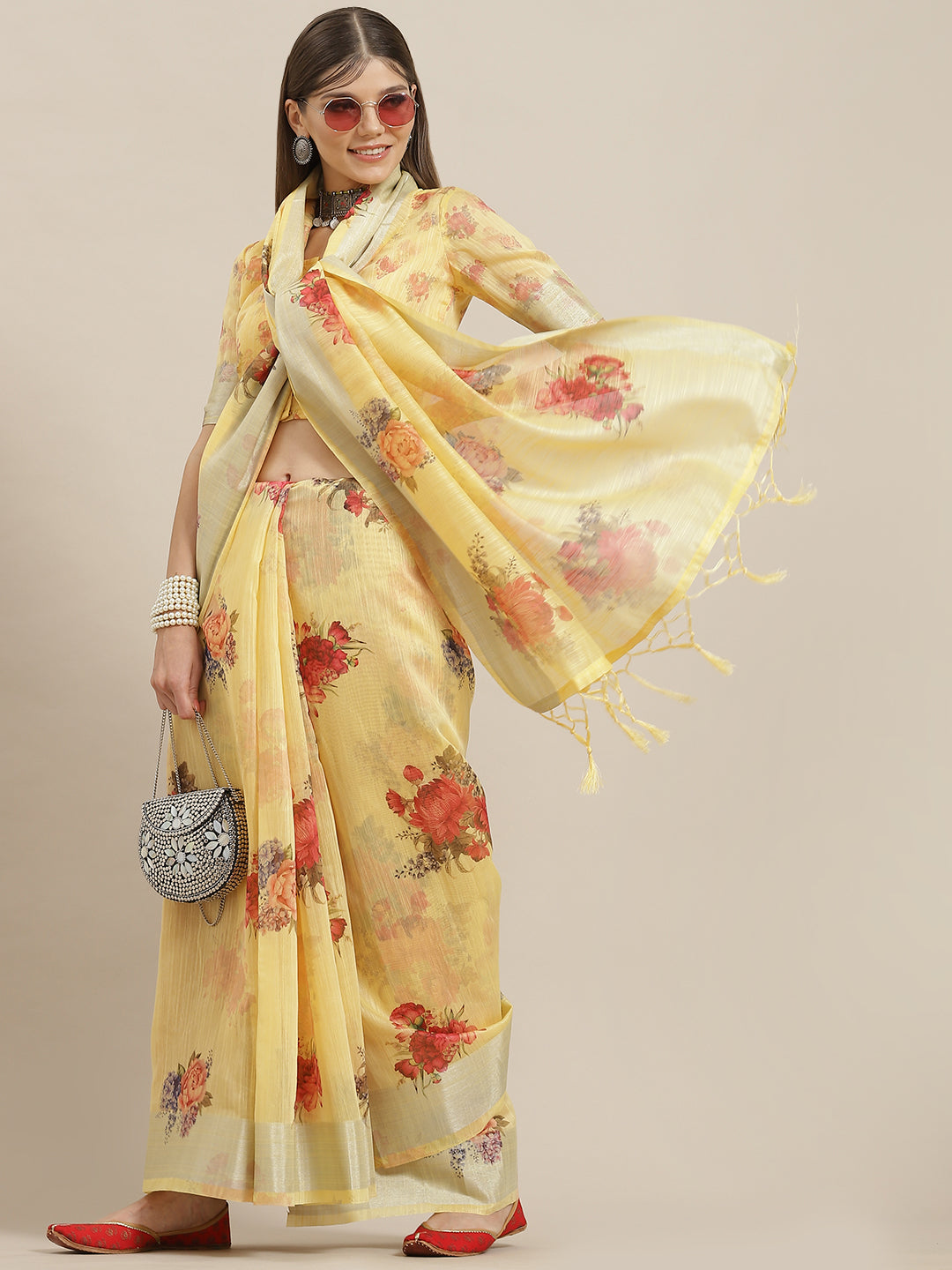 Yellow Floral Print Saree With Blouse Piece