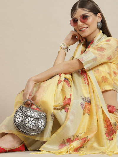 Yellow Floral Print Saree With Blouse Piece