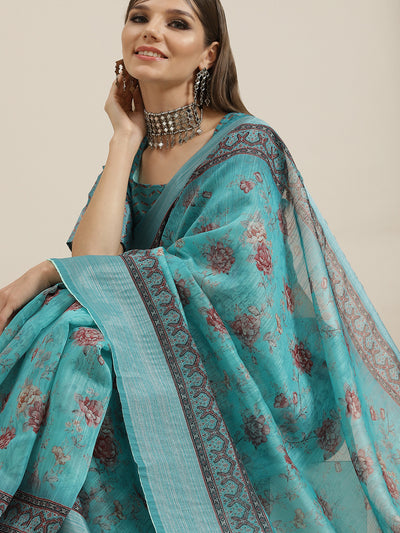 Blue Floral Print Saree With Blouse Piece