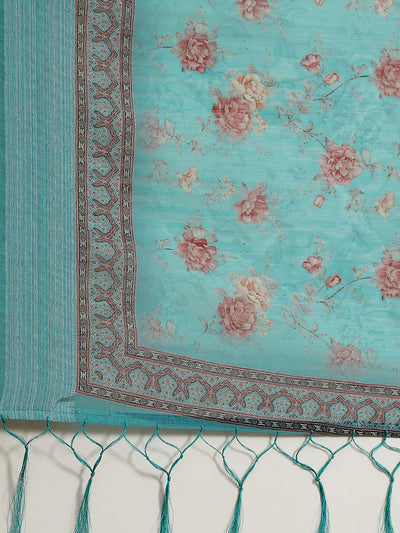 Blue Floral Print Saree With Blouse Piece