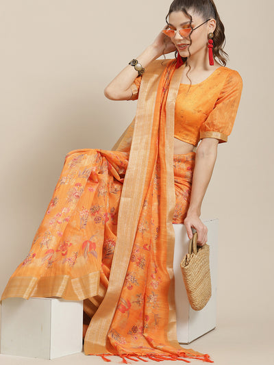 Orange Floral Print Saree With Blouse Piece