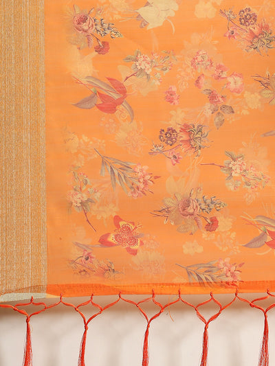 Orange Floral Print Saree With Blouse Piece
