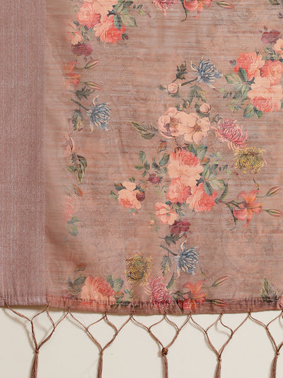 Brown Floral Print Saree With Blouse Piece