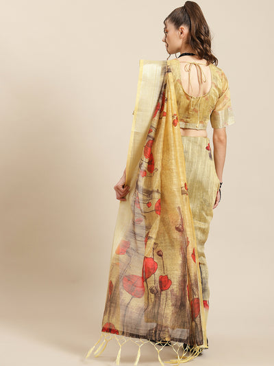 Yellow Floral Print Saree With Blouse Piece