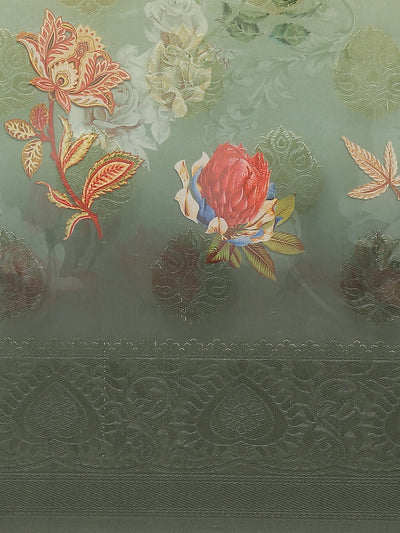 Green Floral Print Banarasi Jacquard Saree With Blouse Piece