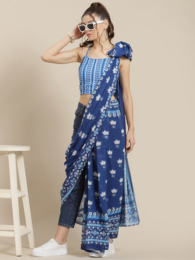 Blue Floral Print Saree With Blouse Piece