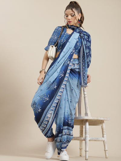 Blue Floral Print Saree With Blouse Piece