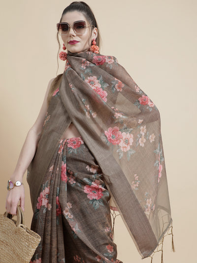 Olive Floral Print Saree With Blouse Piece