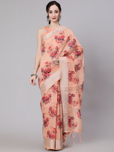 Peach Floral Print Saree With Blouse Piece