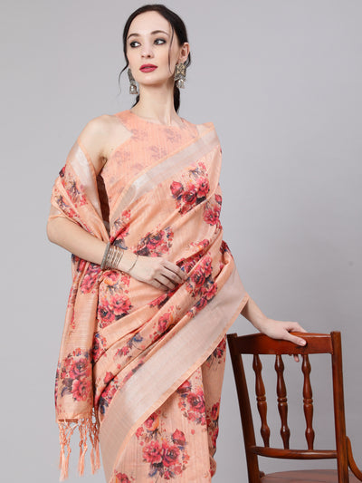 Peach Floral Print Saree With Blouse Piece