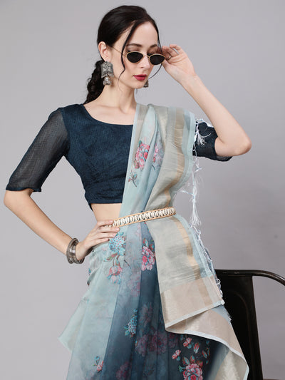 Blue Floral Print Saree With Blouse Piece