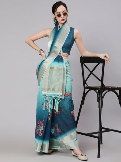 Teal Blue Floral Print Saree With Blouse Piece