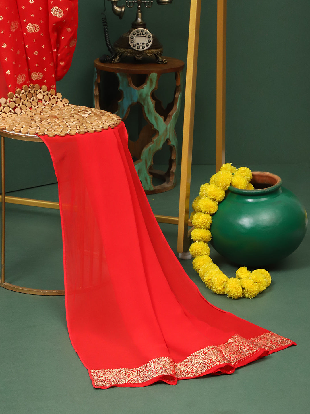 Red Saree With Jacquard Thread And Stone Work