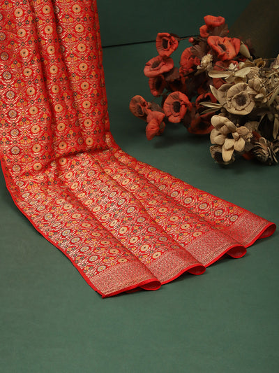 Red Saree With Jacquard Thread And Stone Work