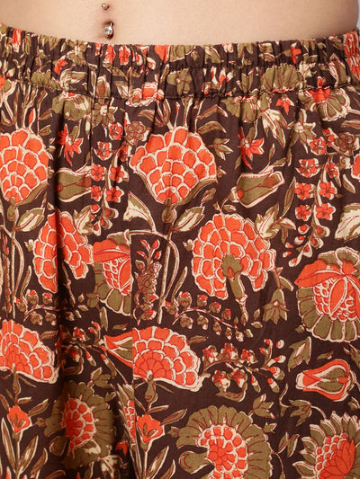 Brown & Orange Floral Print Kurta Sharara With Dupatta