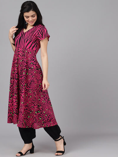 Magenta Printed A-Line Kurta