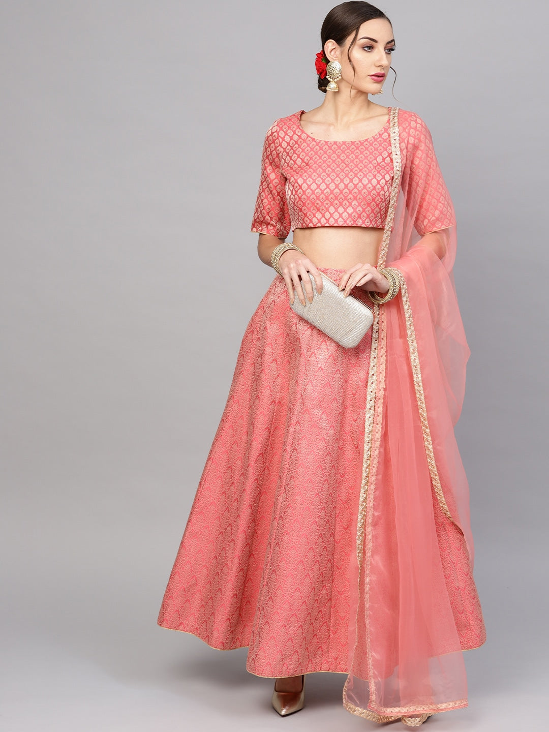 Peach Brocade Lehenga Choli With Dupatta