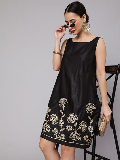 Black Floral Embroidered Shift Dress