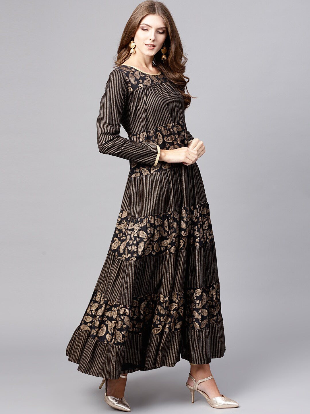 Black Gold Printed tiered Anarkali