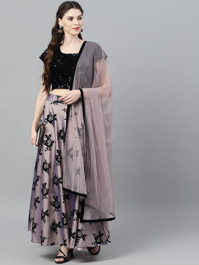 Purple Flock Print Lehenga Choli With Dupatta