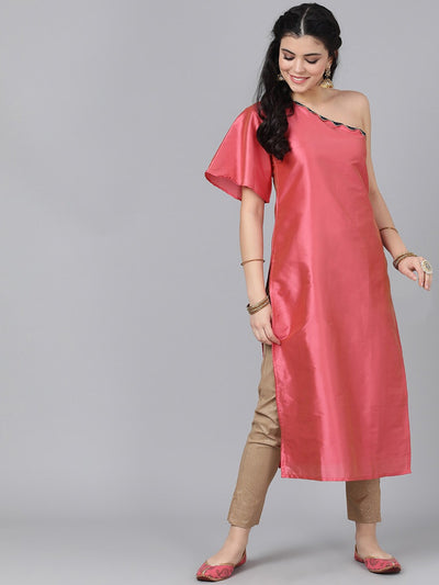 Pink Zari Boota One Shoulder Kurta