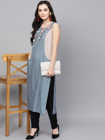 Blue Embroidered Neck design Kurta