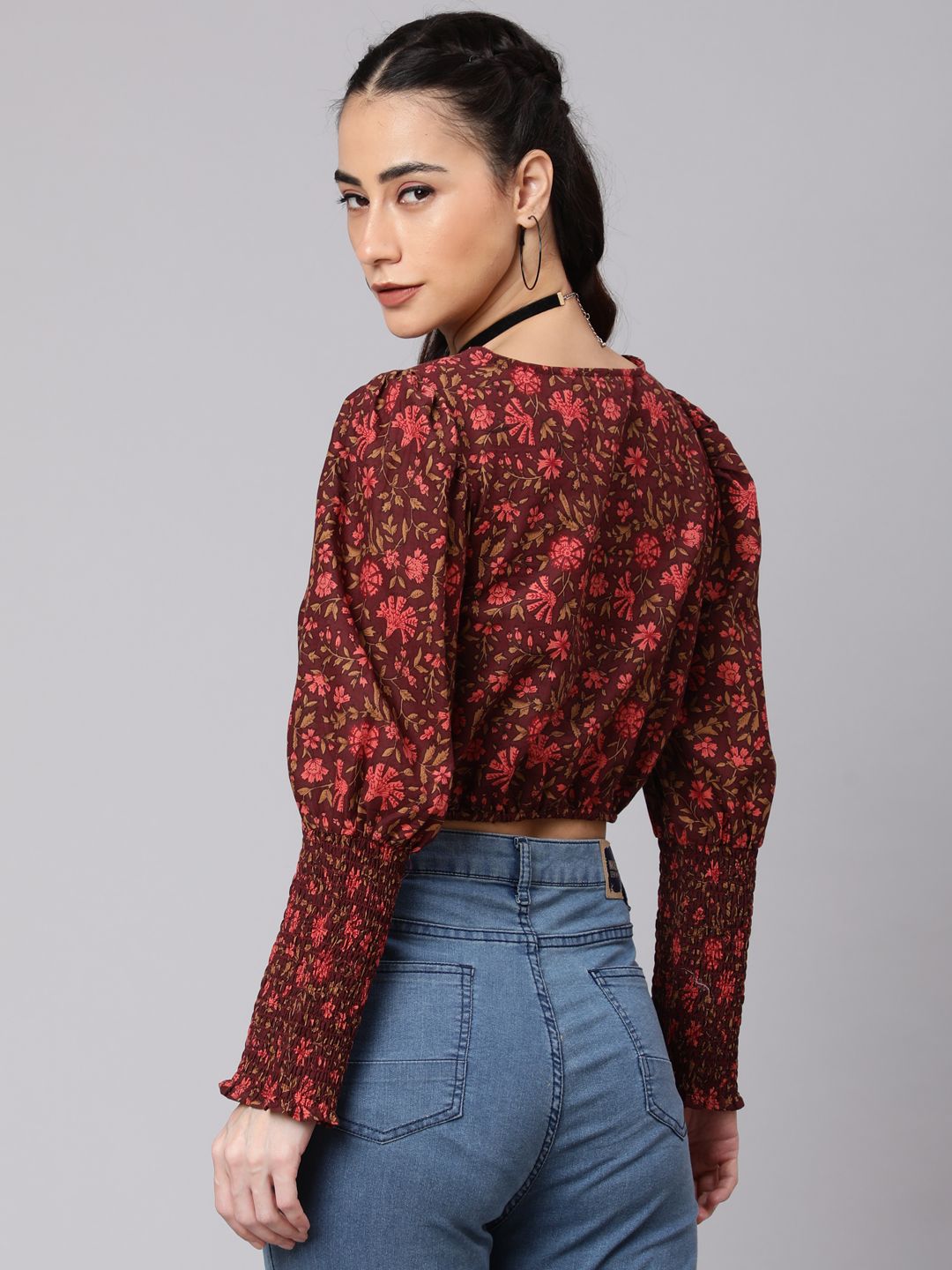 Burgundy Floral Print Crop Top