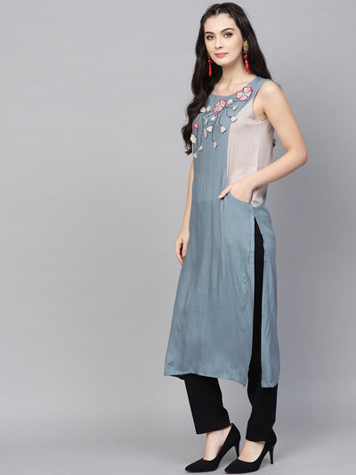 Blue Embroidered Neck design Kurta