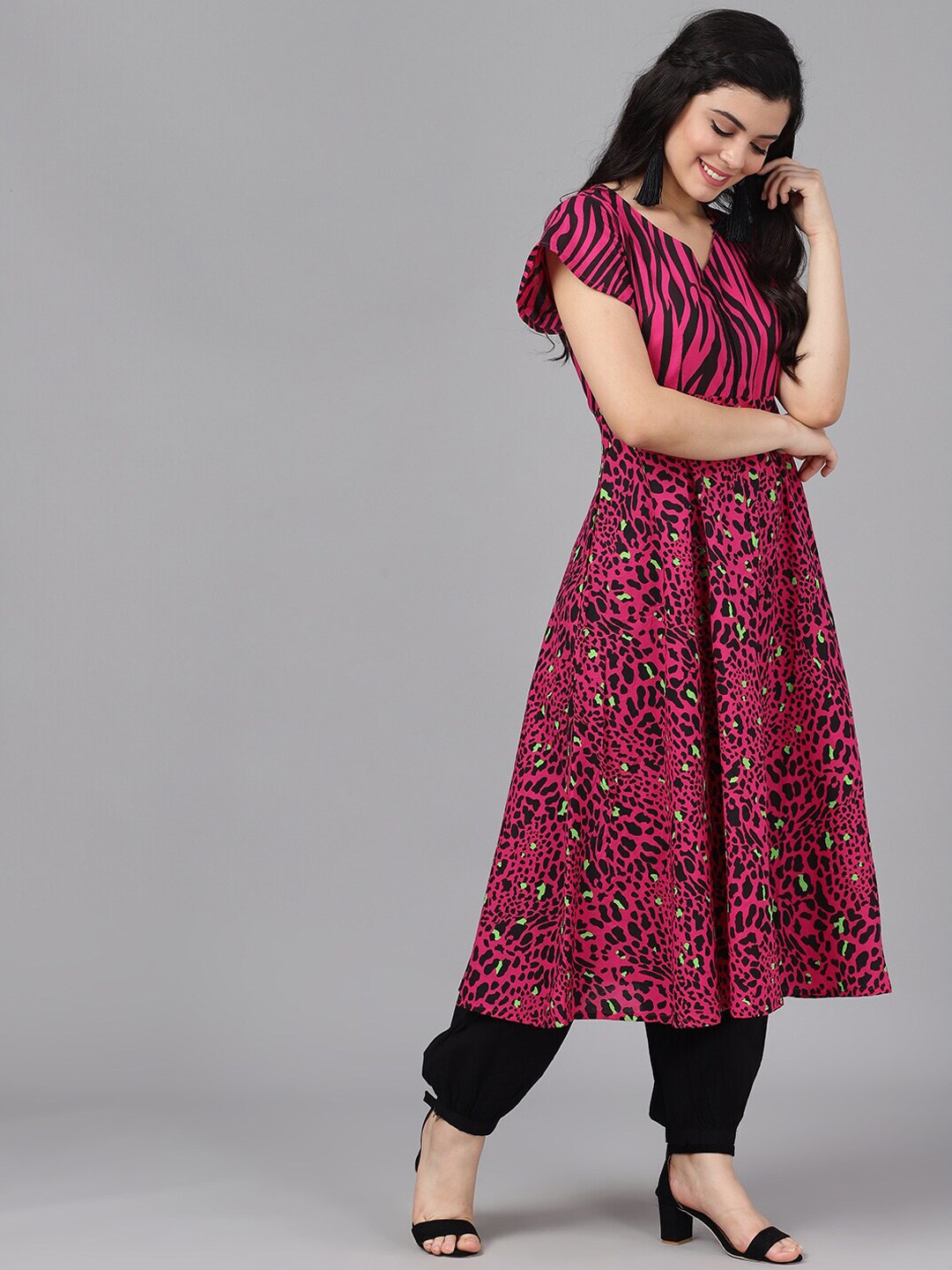 Magenta Printed A-Line Kurta