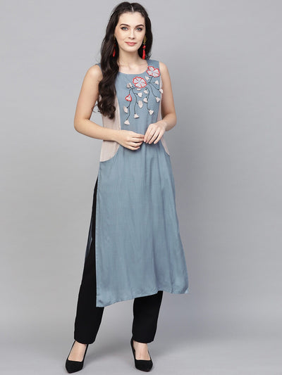 Blue Embroidered Neck design Kurta
