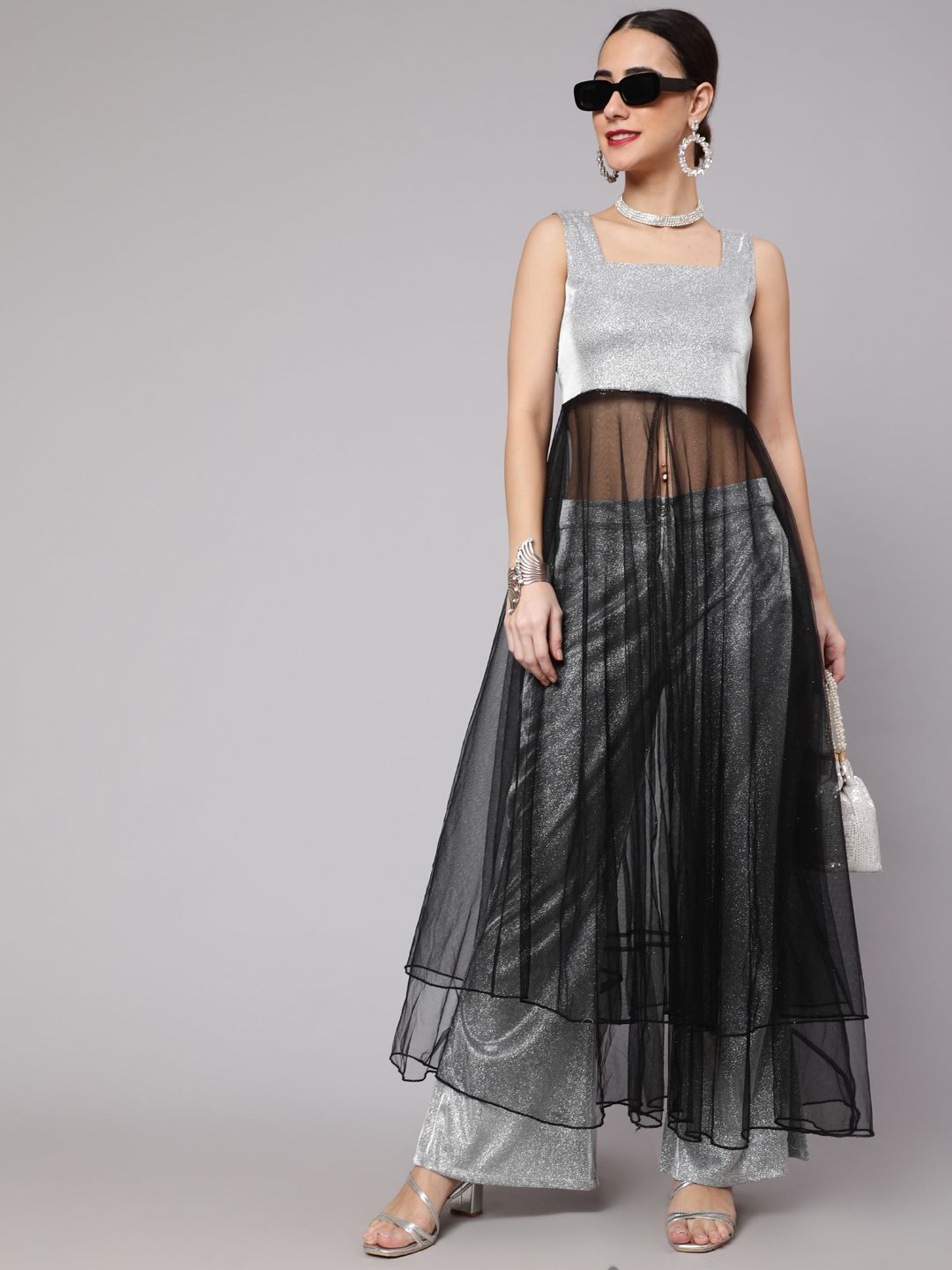 Silver & Black Embellished Layered Top With Palazzo