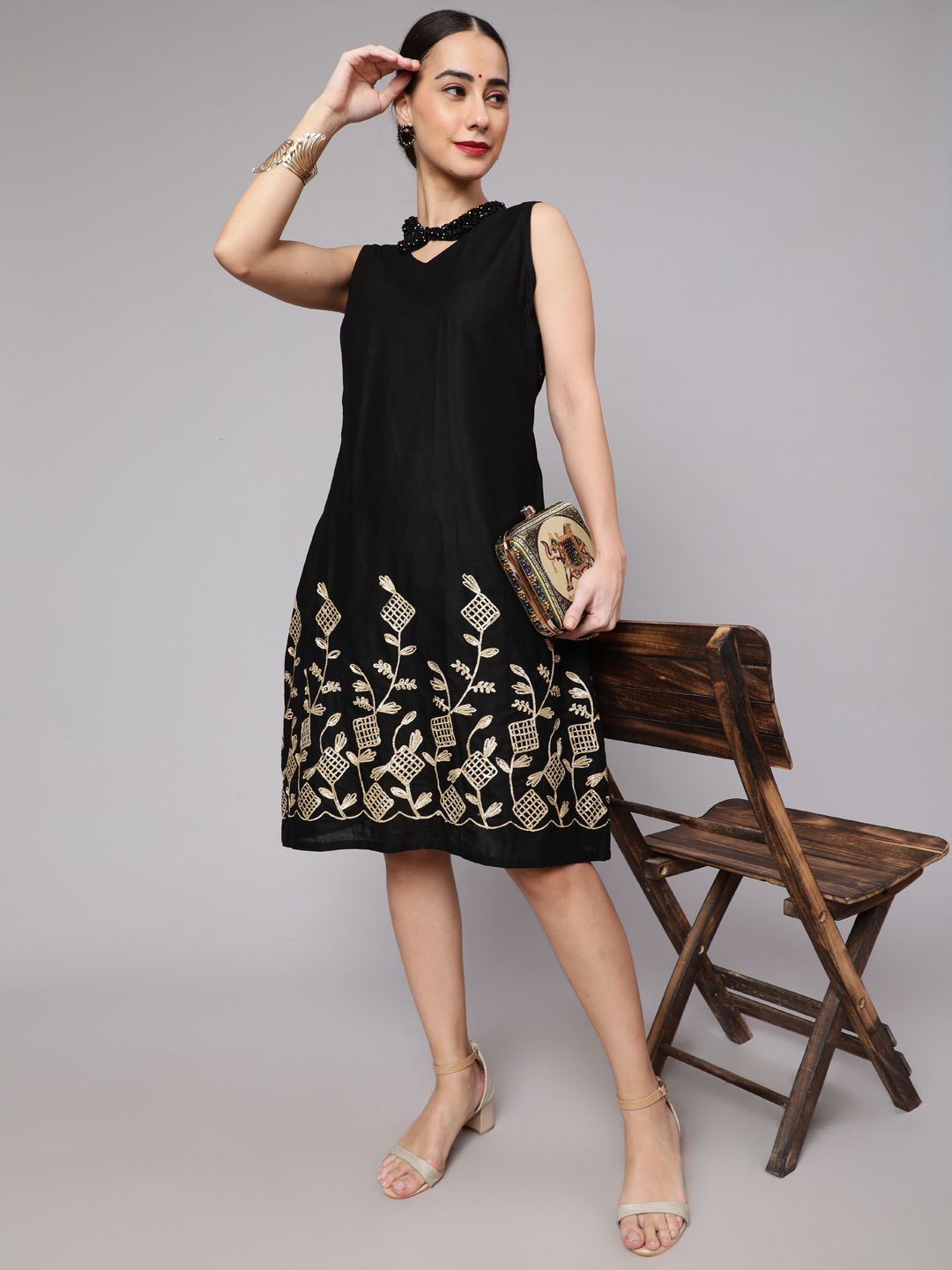 Black Midi Dress with Gota Embroidery